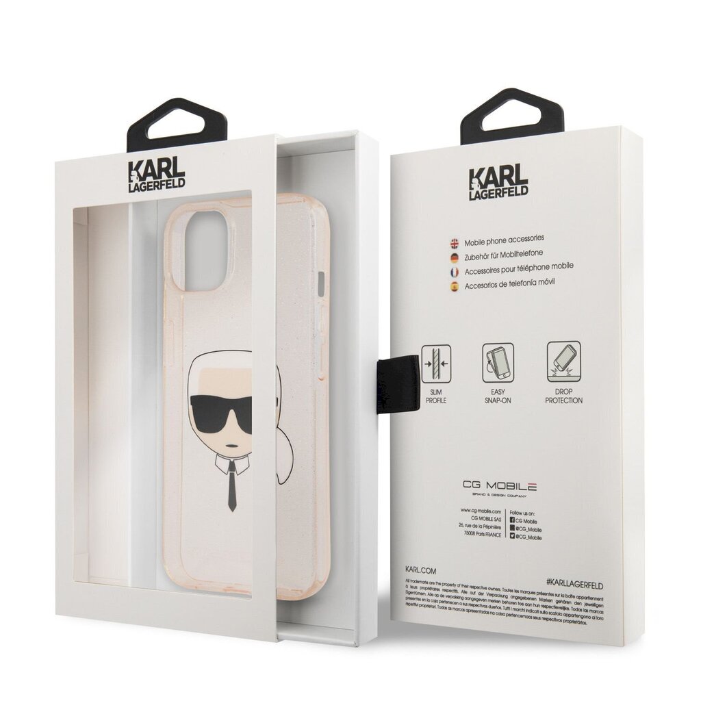 KLHCP13SKHTUGLGO Karl Lagerfeld TPU Full Glitter Karl Head Case for iPhone 13 mini Gold cena un informācija | Telefonu vāciņi, maciņi | 220.lv