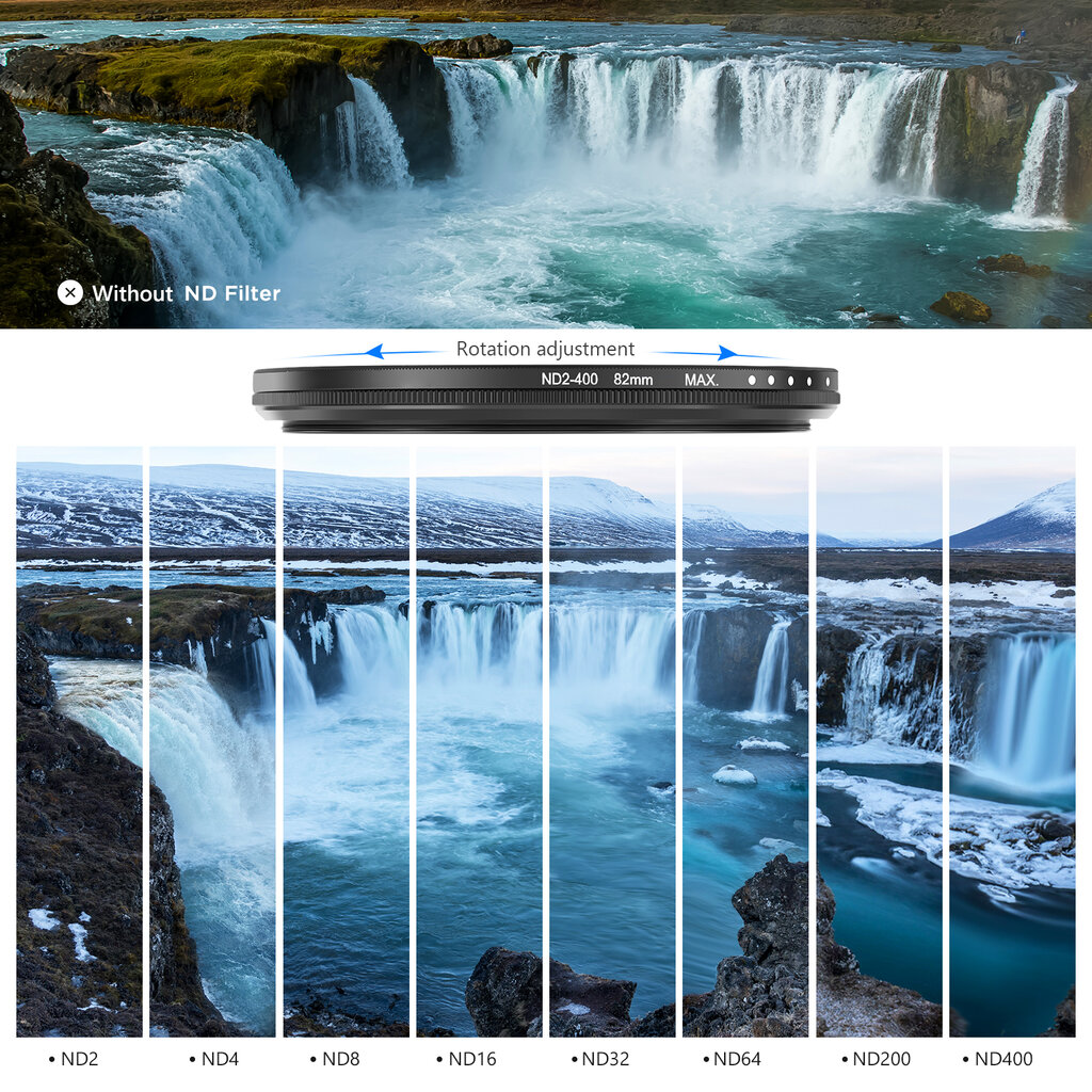 Regulējams ND2-400 filtrs, 58 mm nd2-400 (neutral density 1-8.6 Stops), rise-uk cena un informācija | Filtri | 220.lv