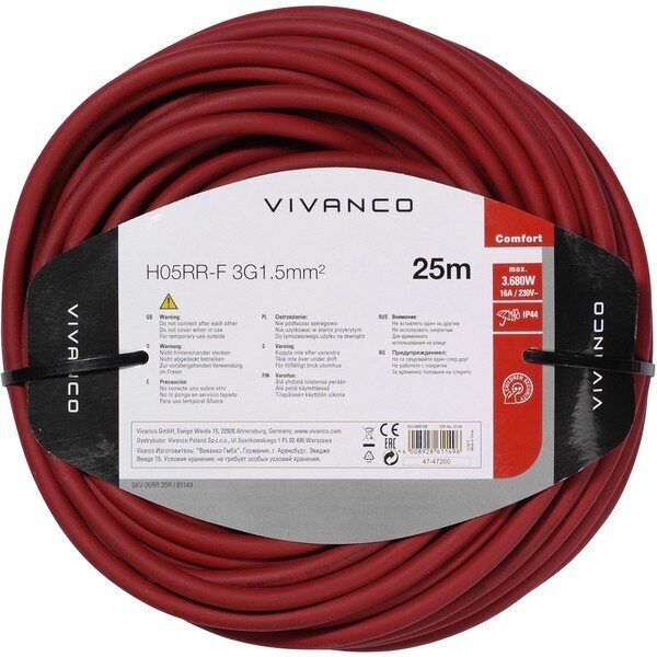 Vivanco extension cable H05RR-F 25m, red (61149) цена и информация | Pagarinātāji | 220.lv