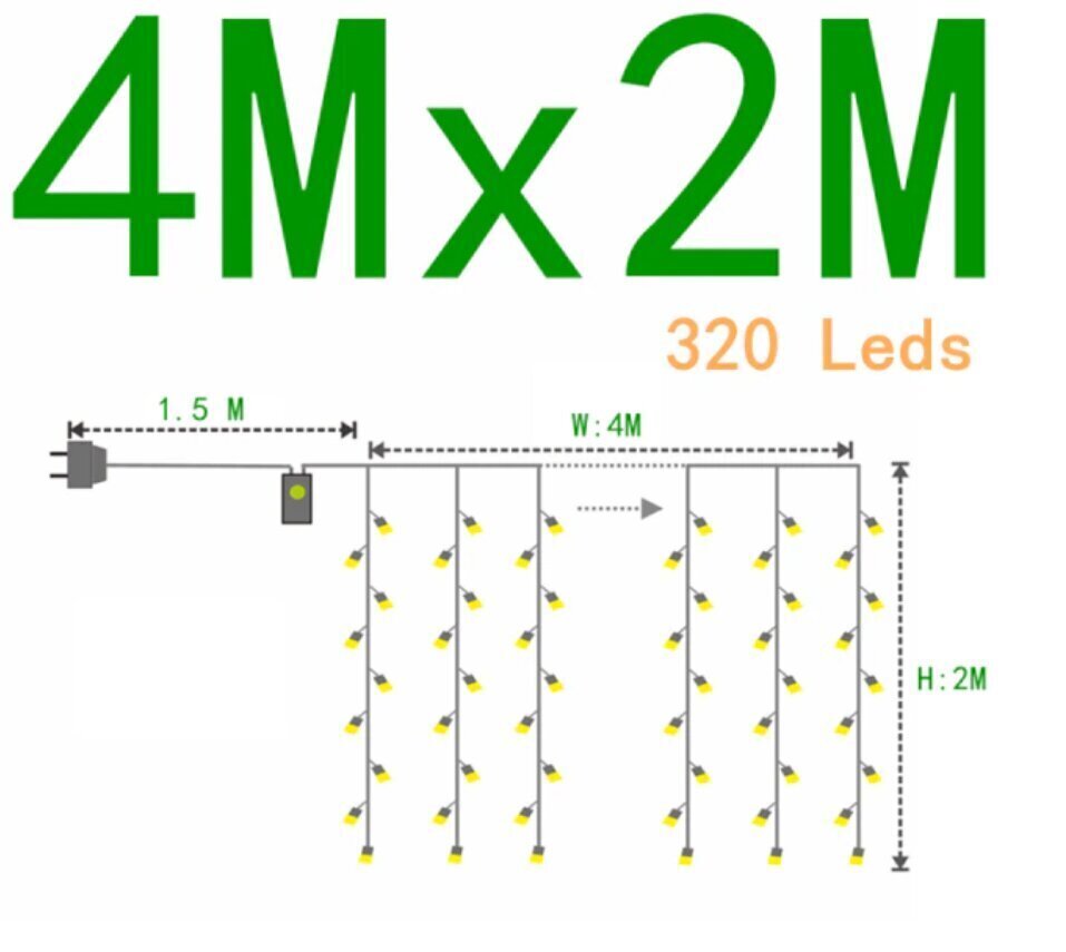 Virteņu aizkars, 320 LED 4x2 m, balts cena un informācija | Ziemassvētku lampiņas, LED virtenes | 220.lv