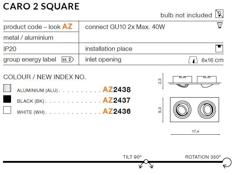 Azzardo iebūvējamais gaismeklis Caro 2 Square AZ2438 cena un informācija | Iebūvējamās lampas, LED paneļi | 220.lv