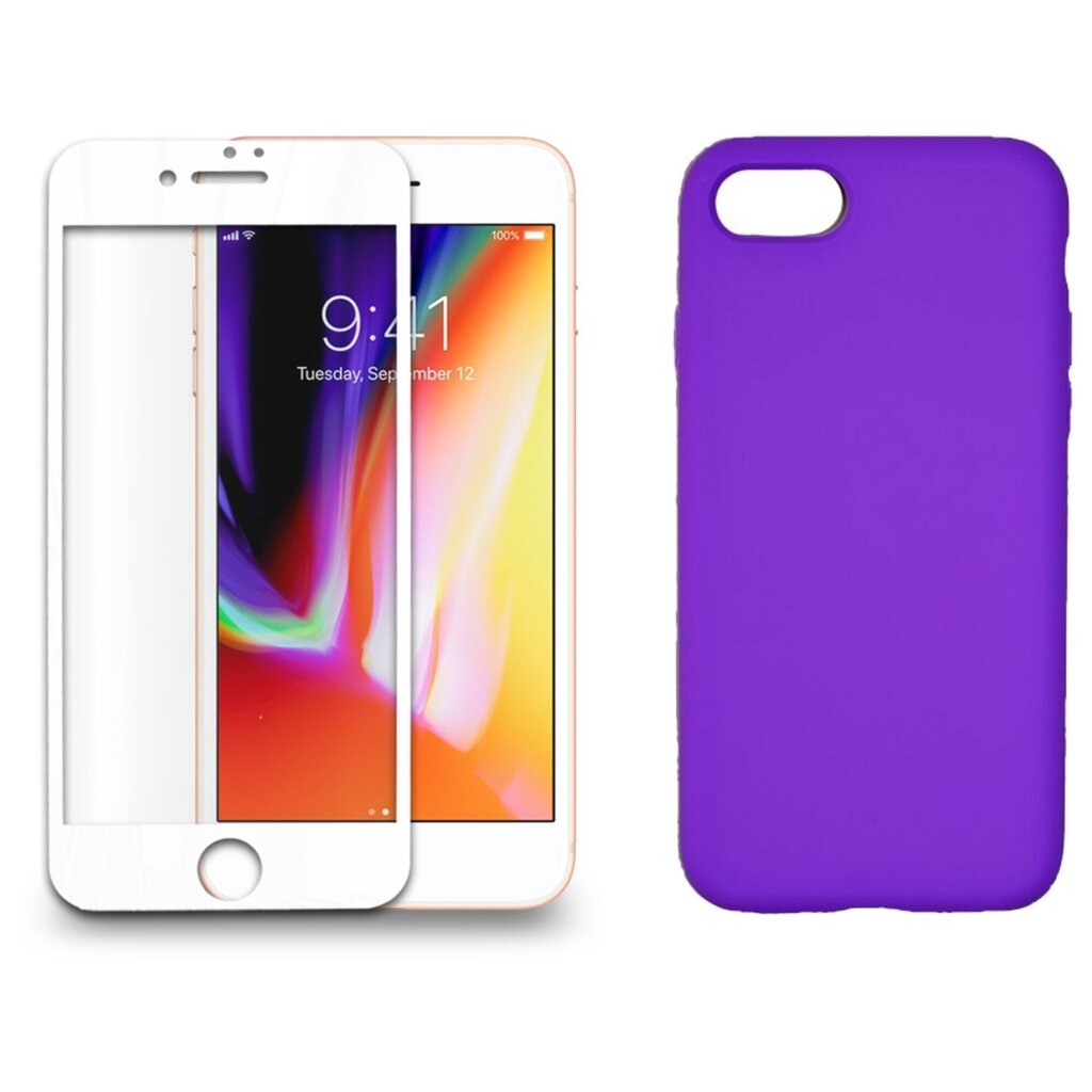 360 aizsardzība- komplekts silikona vāciņš iPhone 7/8 lillā un aizsargstikls balts cena un informācija | Ekrāna aizsargstikli | 220.lv
