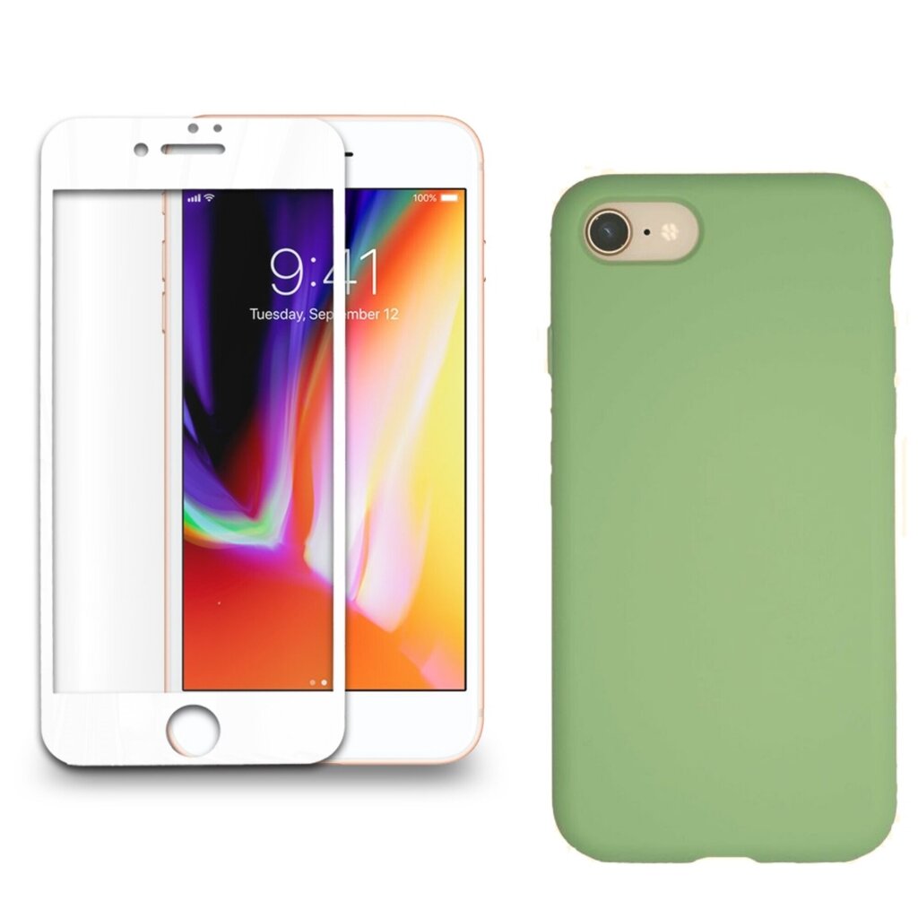 360 aizsardzība- komplekts silikona vāciņš iPhone 7/8 zaļš (green tea) un aizsargstikls balts cena un informācija | Ekrāna aizsargstikli | 220.lv