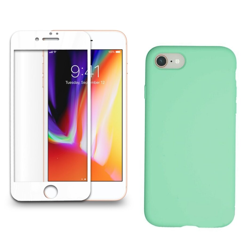 360 aizsardzība- komplekts silikona vāciņš iPhone 7/8 zaļš (emerald) un aizsargstikls balts cena un informācija | Ekrāna aizsargstikli | 220.lv