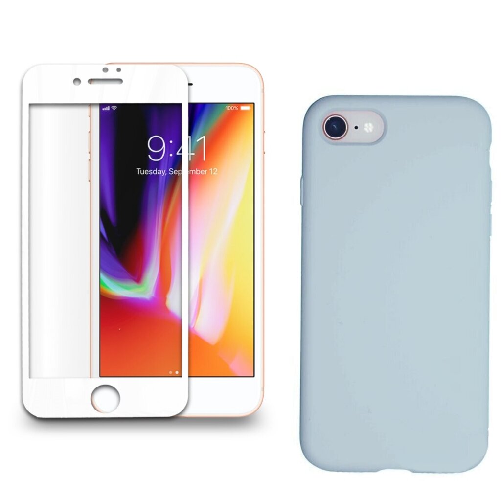 360 aizsardzība- komplekts silikona vāciņš iPhone 7/8 gaiši zils (pool blue) un aizsargstikls balts cena un informācija | Ekrāna aizsargstikli | 220.lv