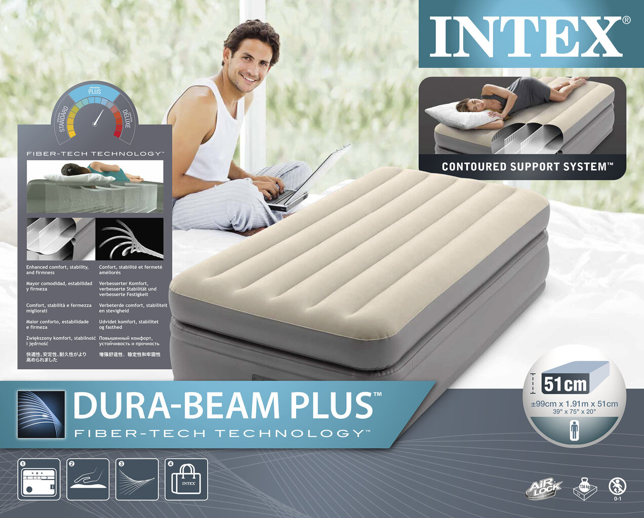 Piepūšamais matracis Intex Dura-Beam Prime Comfort Elevated Twin 191x99x51 cm, ar iebūvētu sūkni цена и информация | Piepūšamie matrači un mēbeles | 220.lv