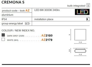 Azzardo sienas āra gaismeklis Cremona S AZ2180 cena un informācija | Āra apgaismojums | 220.lv