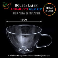 Lielā dubulta stikla krūze tējai un kafijai, Double Layer Borosilicate glass cup, 380 ml цена и информация | Стаканы, фужеры, кувшины | 220.lv