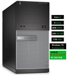 Dell 3020 MT i5-4570 8GB 240GB SSD 1TB HDD RX560 4GB Windows 10 Professional Stacionārais dators цена и информация | Стационарные компьютеры | 220.lv