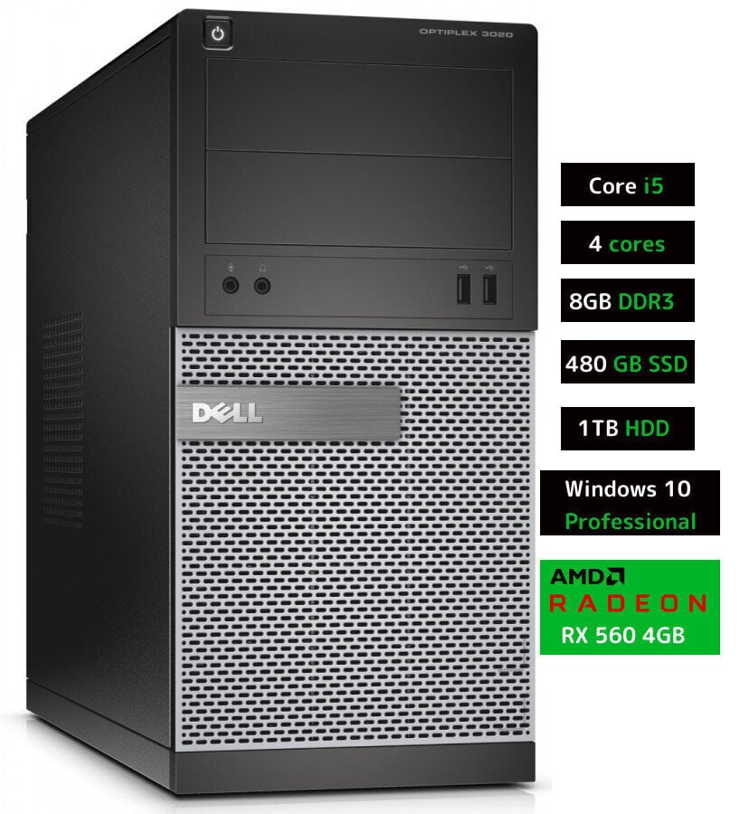 Dell 3020 MT i5-4570 8GB 480GB SSD 1TB HDD RX560 4GB Windows 10 Professional Stacionārais dators цена и информация | Stacionārie datori | 220.lv