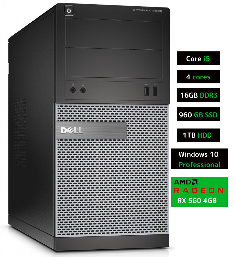 Dell 3020 MT i5-4570 16GB 960GB SSD 1TB HDD RX560 4GB Windows 10 Professional Stacionārais dators цена и информация | Stacionārie datori | 220.lv