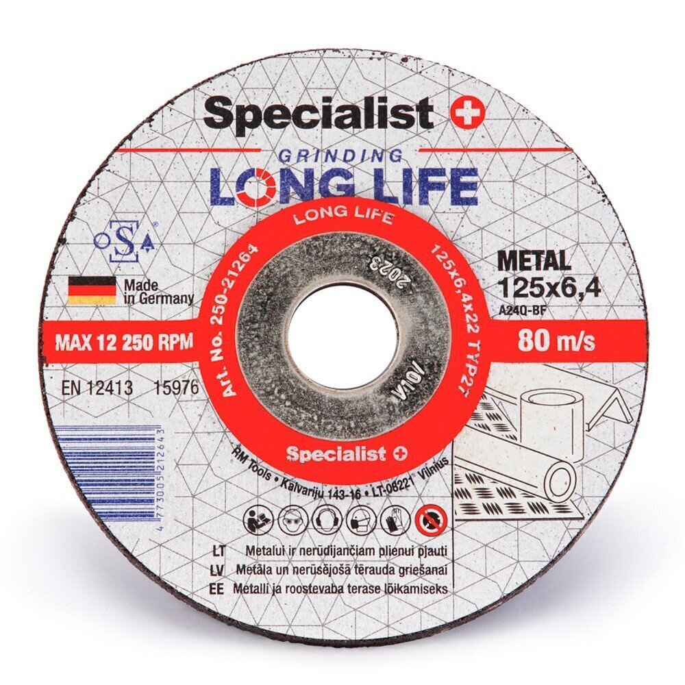 Specialist LongLife slīpēšanas disks 125x6,4x22 cena un informācija | Rokas instrumenti | 220.lv