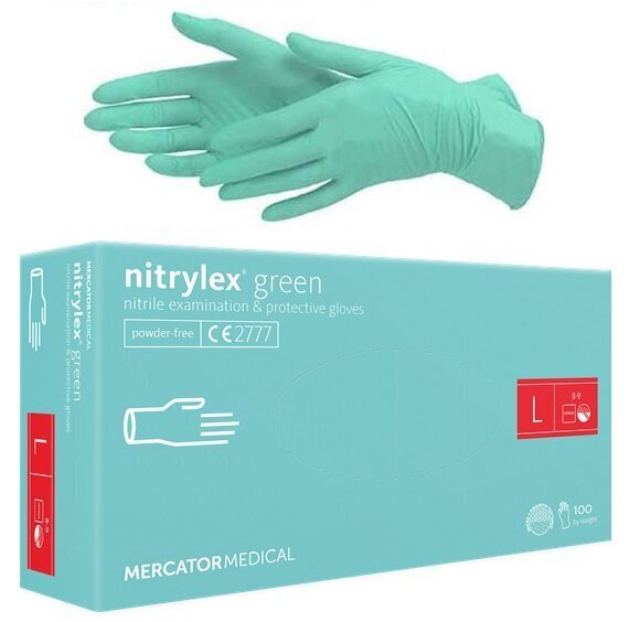 Vienreizlietojamie nitrila cimdi Mercator Nitrylex Green L, zaļi, 100 gab. cena un informācija | Darba cimdi | 220.lv