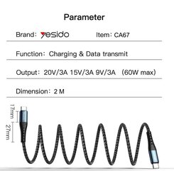 Высококачественный и прочный кабель Yesido Fast charge USB C (Type c to Type C) 60 Вт, 2 м, mod. CA67 цена и информация | Кабели для телефонов | 220.lv