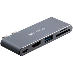 Canyon Multiport dokstacija ar 5 portiem, ar Thunderbolt 3 Dual C tipa male portu, 1*Thunderbolt 3 female+1*HDMI+1*USB3.0+1*SD+1*TF. Ieeja 100-240 V, izeja USB-C PD100W un USB-A 5V/1A, alumīnija sakausējums, pelēks, 90*41*11mm, 0.04kg cena un informācija | Canyon Mājai un remontam | 220.lv