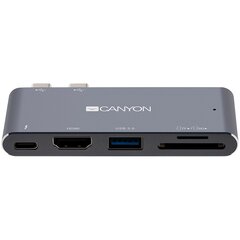 Canyon Multiport dokstacija ar 5 portiem, ar Thunderbolt 3 Dual C tipa male portu, 1*Thunderbolt 3 female+1*HDMI+1*USB3.0+1*SD+1*TF. Ieeja 100-240 V, izeja USB-C PD100W un USB-A 5V/1A, alumīnija sakausējums, pelēks, 90*41*11mm, 0.04kg cena un informācija | Canyon Datortehnika | 220.lv
