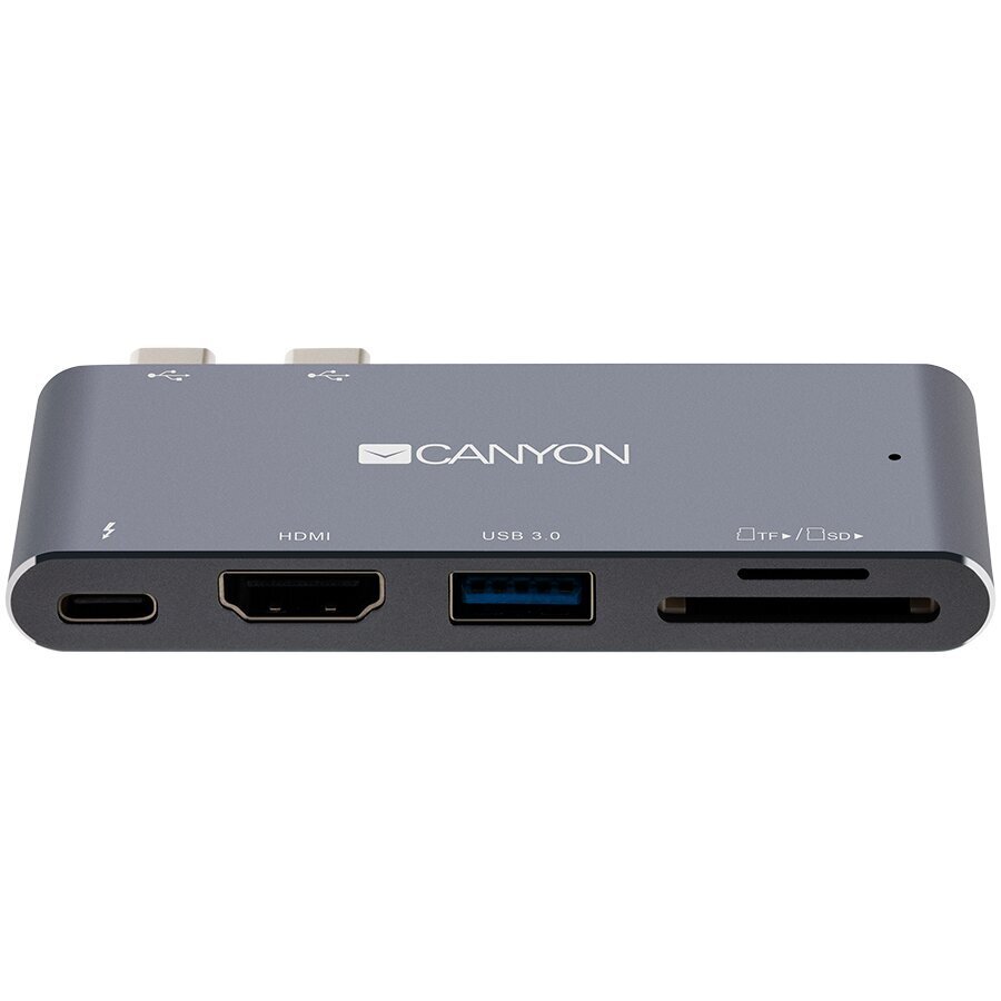 Canyon Multiport dokstacija ar 5 portiem, ar Thunderbolt 3 Dual C tipa male portu, 1*Thunderbolt 3 female+1*HDMI+1*USB3.0+1*SD+1*TF. Ieeja 100-240 V, izeja USB-C PD100W un USB-A 5V/1A, alumīnija sakausējums, pelēks, 90*41*11mm, 0.04kg cena un informācija | Adapteri un USB centrmezgli | 220.lv