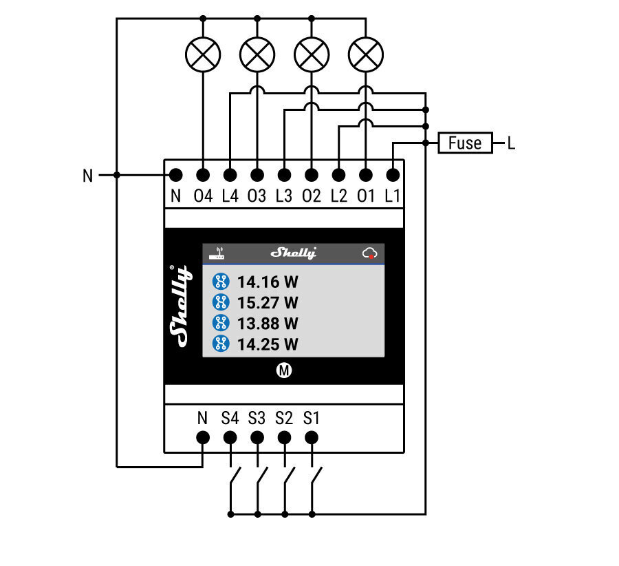 Viedais 4 kanālu Wi-Fi / Bluetooth / LAN Shelly PRO 4PM relejs cena un informācija | Drošības sistēmas, kontrolieri | 220.lv