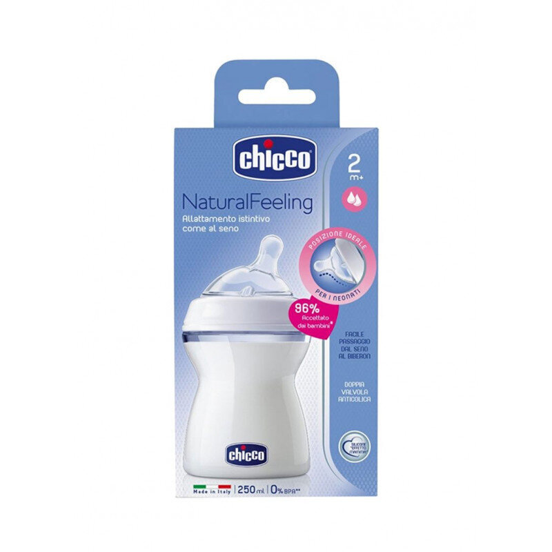 Pudelīte Chicco Natural Feeling 250 ml ar silikona knupīti 2 m+ cena un informācija | Bērnu pudelītes un to aksesuāri | 220.lv