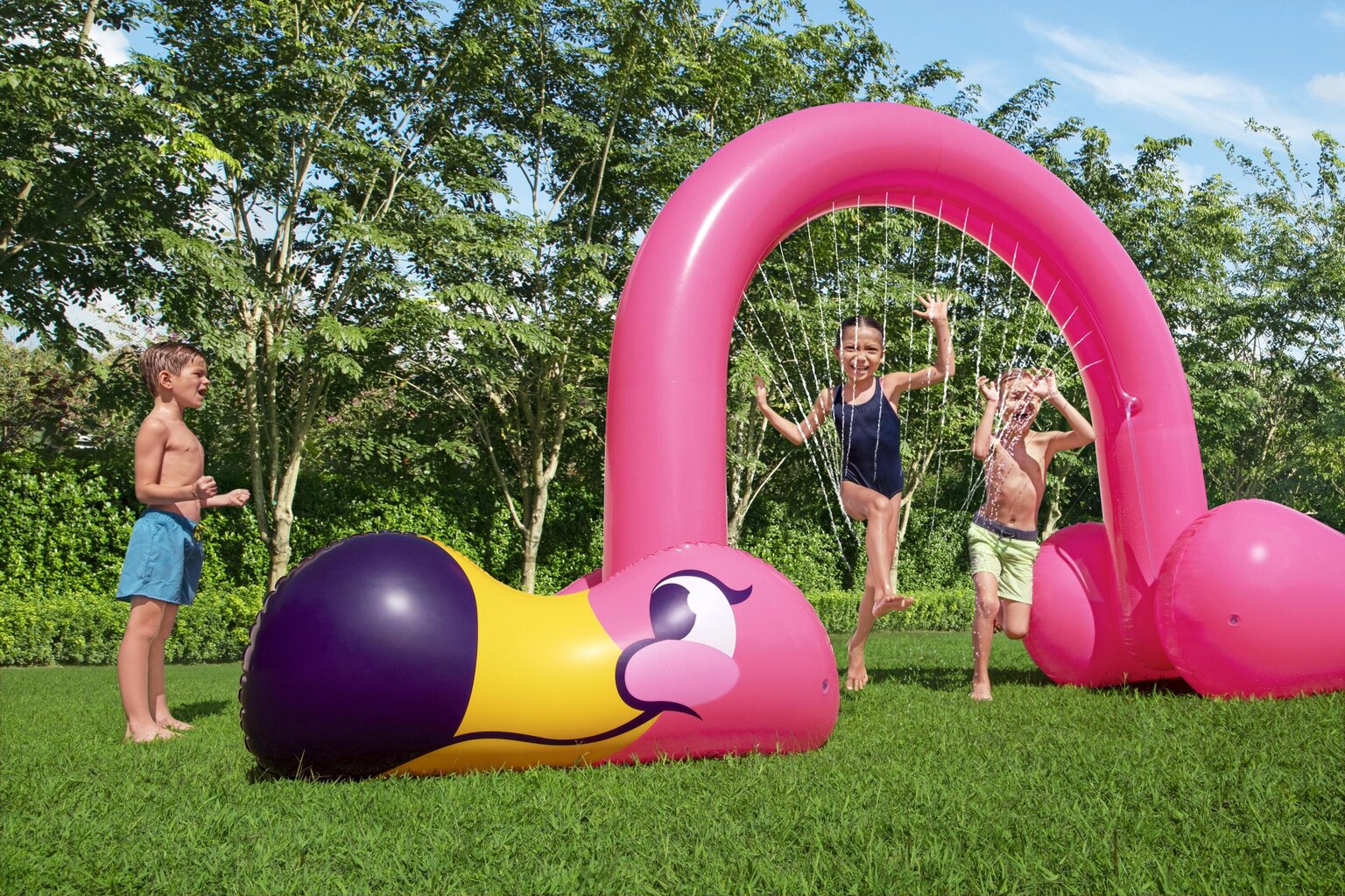 Piepūšamais ūdens smidzinātājs Bestway Jumbo Flamingo, 340x192 cm cena un informācija | Piepūšamās rotaļlietas un pludmales preces | 220.lv