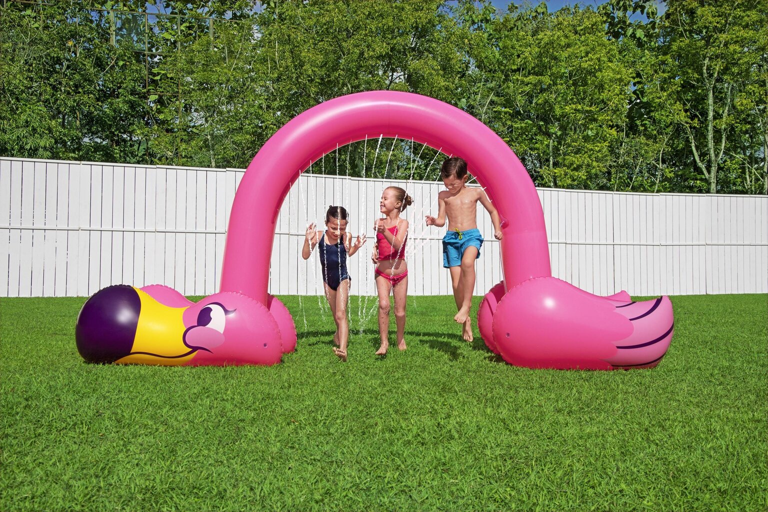 Piepūšamais ūdens smidzinātājs Bestway Jumbo Flamingo, 340x192 cm cena un informācija | Piepūšamās rotaļlietas un pludmales preces | 220.lv