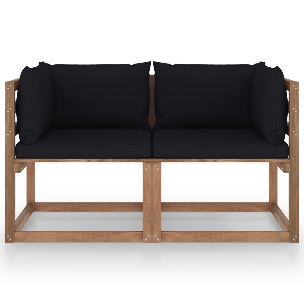 vidaXL 2-vietīgs dārza palešu dīvāns, melni matrači, priedes koks cena un informācija | Dārza krēsli | 220.lv