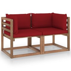 vidaXL 2-vietīgs dārza palešu dīvāns, vīnsarkani matrači, priedes koks cena un informācija | Dārza krēsli | 220.lv