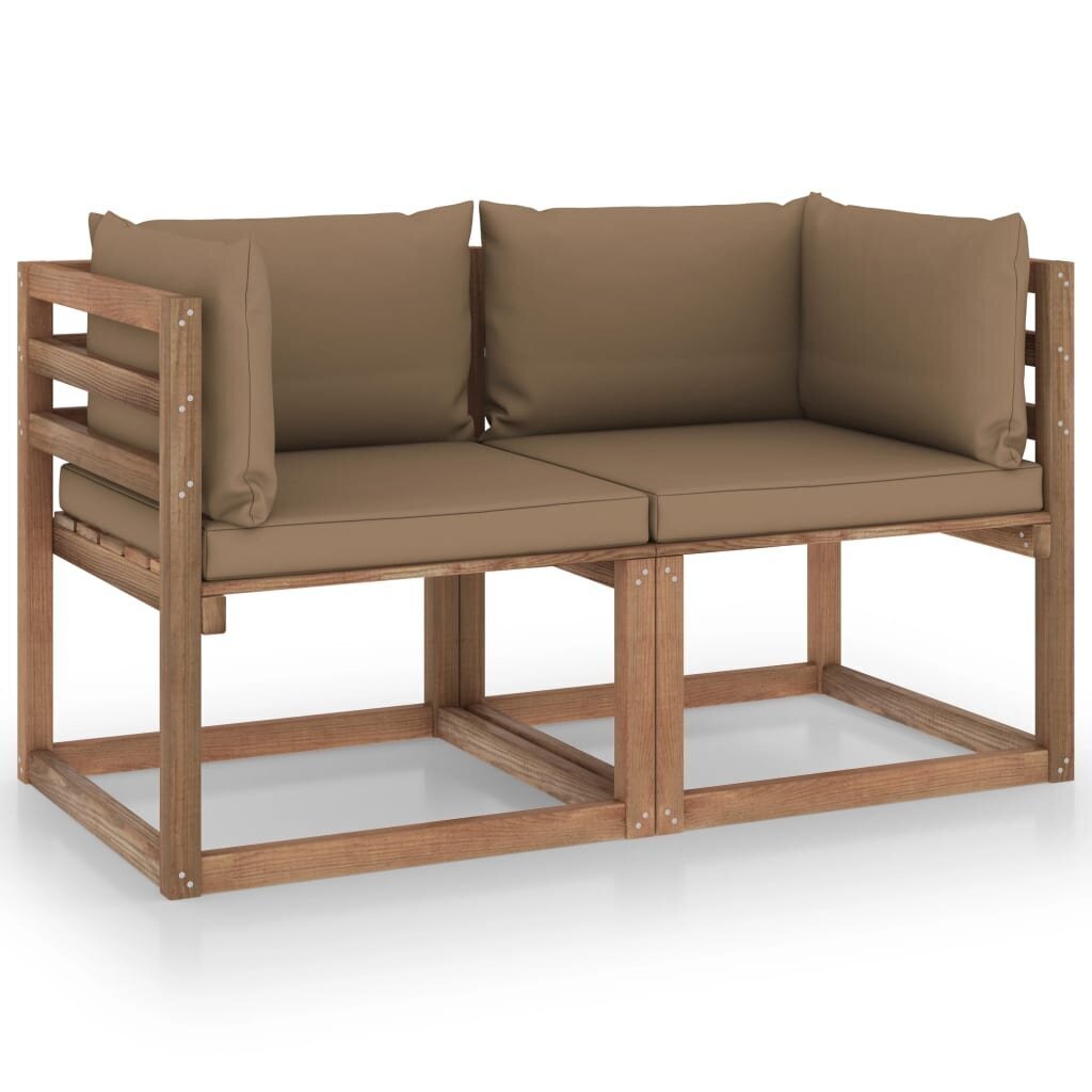 vidaXL 2-vietīgs dārza palešu dīvāns, pelēkbrūni matrači, priedes koks цена и информация | Dārza krēsli | 220.lv