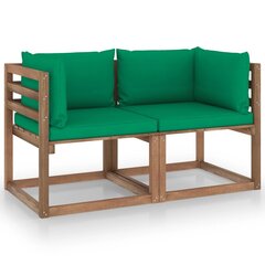 vidaXL 2-vietīgs dārza palešu dīvāns, zaļi matrači, priedes koks cena un informācija | Dārza krēsli | 220.lv