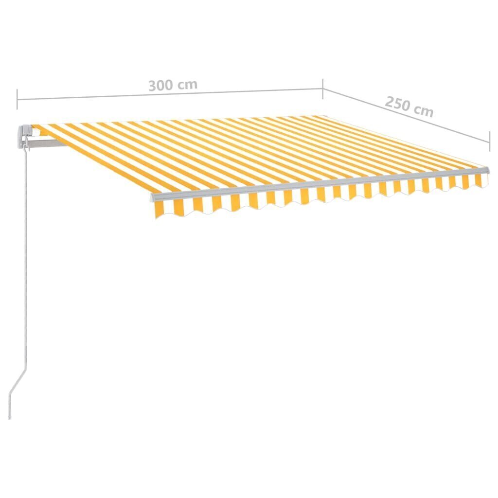 vidaXL izvelkama markīze ar LED, 300x250cm, manuāla, dzeltena un balta cena un informācija | Saulessargi, markīzes un statīvi | 220.lv