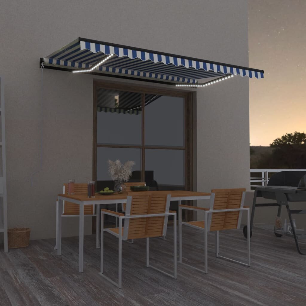 vidaXL izvelkama markīze ar LED, 450x350 cm, manuāla, zila un balta cena un informācija | Saulessargi, markīzes un statīvi | 220.lv