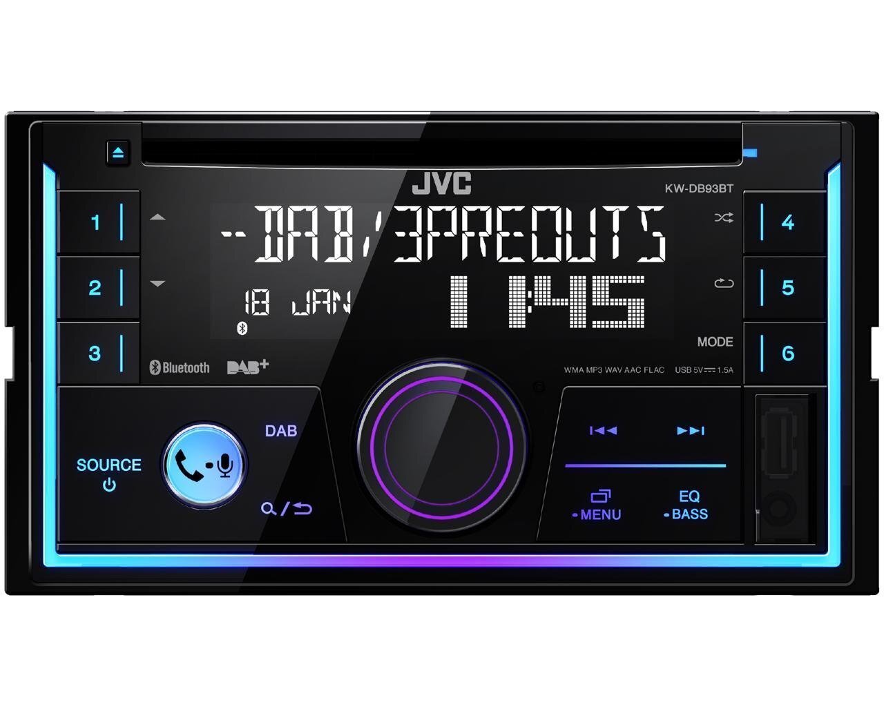 JVC KW-DB93BT Automagnetola DAB / Bluetooth / FLAC / Android / USB / AUX / RADIO / 4 X 50W Black (2DIN) cena un informācija | Auto magnetolas, multimedija | 220.lv