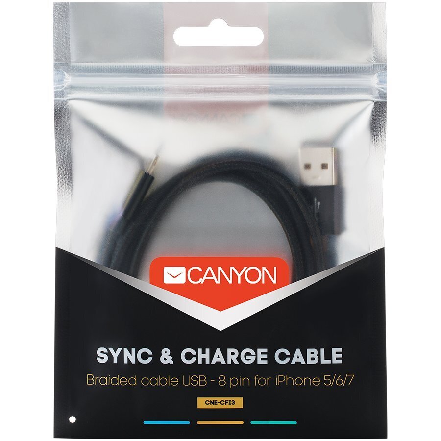 Kabeļi Canyon       CFI-3 Lightning USB Cable for Apple braided metalli    Black cena un informācija | Kabeļi un vadi | 220.lv