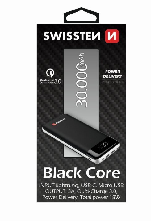Swissten Black Core Premium Recovery Power Banka Uzlādes batereja 2.1A / USB / USB-C / 30000 mAh Melna cena un informācija | Lādētāji-akumulatori (Power bank) | 220.lv