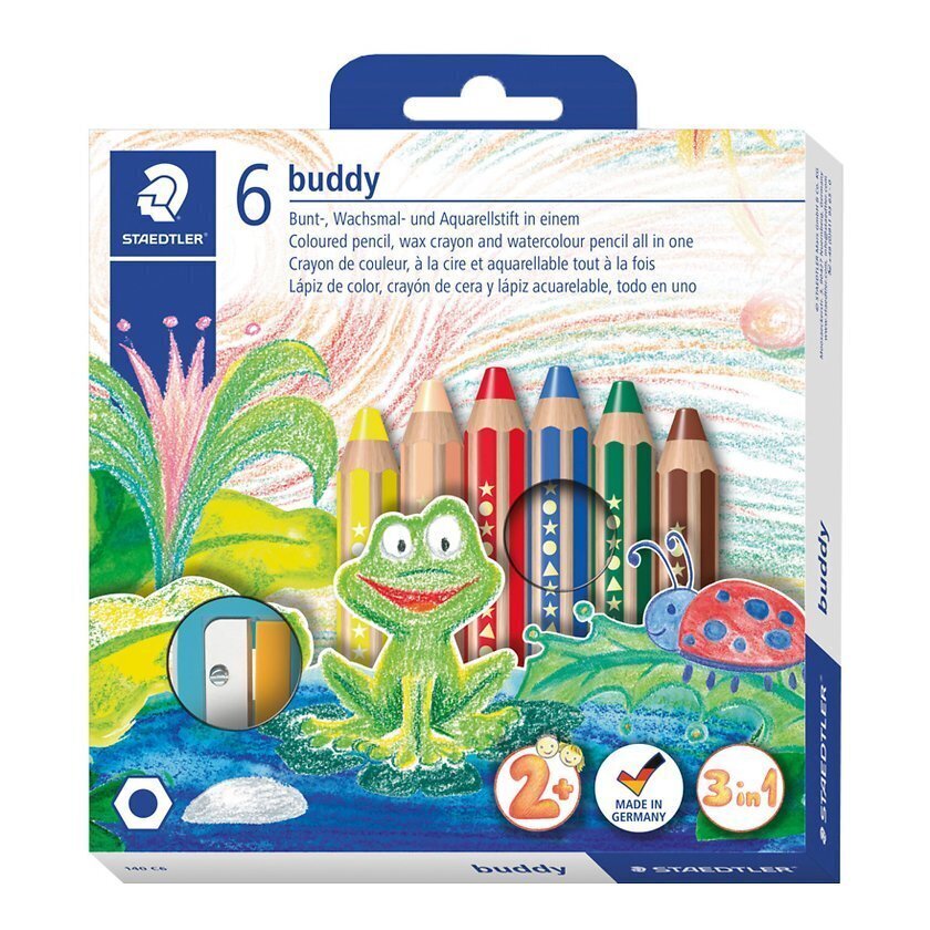 Krāsainie zīmuļi 6 krāsas+asinātājs ''Buddy'', akvareļu,2+, Staedtler/5 цена и информация | Modelēšanas un zīmēšanas piederumi | 220.lv