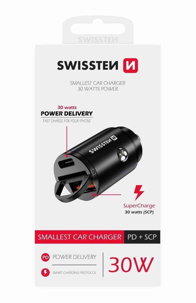 Swissten 30W Nano Metāla Automašīnas Lādētāja Adapteris ar 30W PD / SCP / Melns cena un informācija | Lādētāji un adapteri | 220.lv