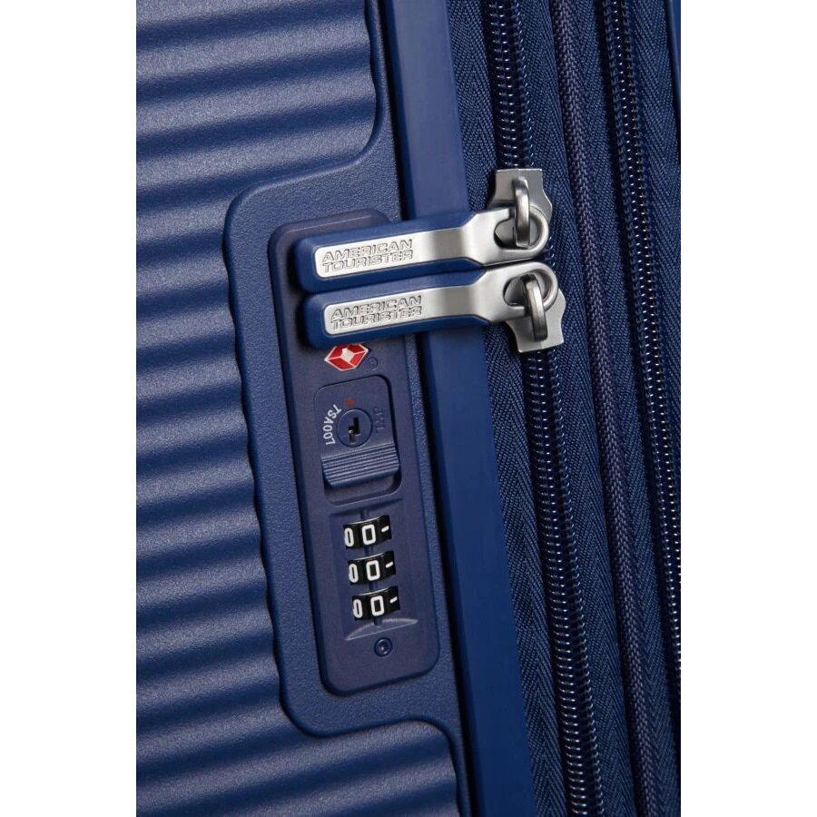 American Tourister liels ceļojumu koferis Soundbox Spinner Expandable 77 cm, zils cena un informācija | Koferi, ceļojumu somas | 220.lv