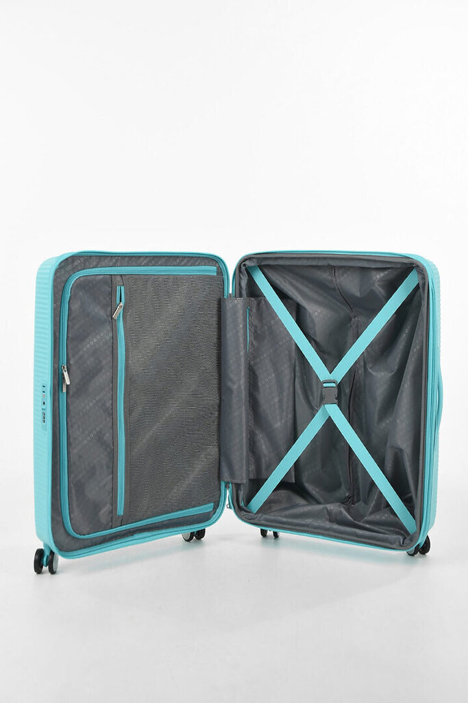 American Tourister vidējā lieluma ceļojumu koferis Soundbox Spinner Expandable 67 cm, gaiši zilā krāsā cena un informācija | Koferi, ceļojumu somas | 220.lv