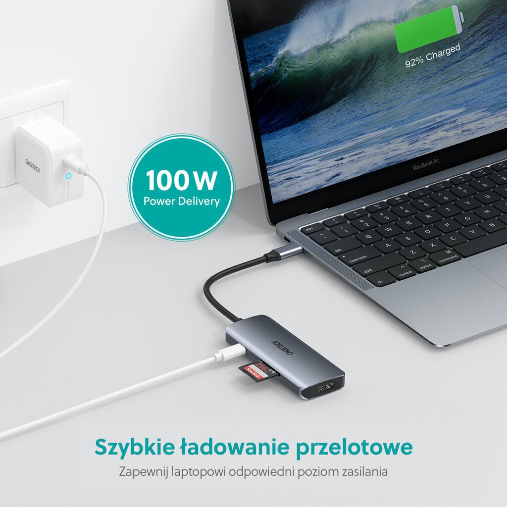 Adapteris Choetech HUB-M19 USB-C 7W1 4K PD 100W, pelēks цена и информация | Adapteri un USB centrmezgli | 220.lv