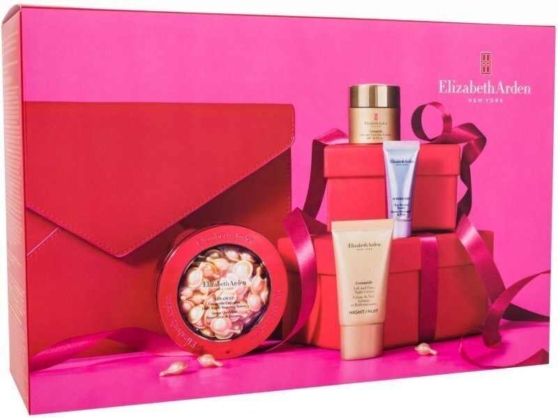 Komplekts Elizabeth Arden Ceramide: seruma kapsulas, 60 gab. + dienas krēms, 15 ml + nakts krēms, 15 ml + sejas kapsulas, 7 gab. + kosmētikas somiņa cena un informācija | Sejas krēmi | 220.lv