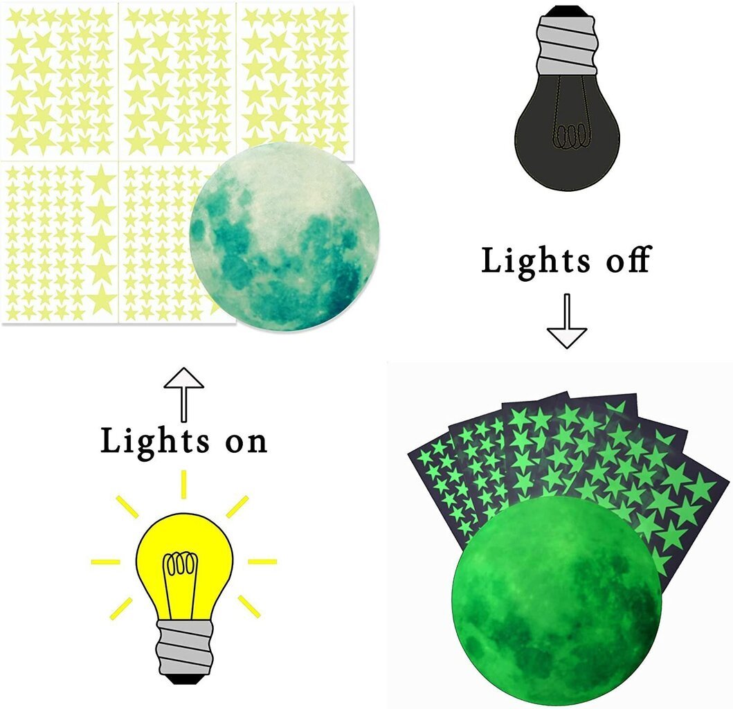 Tumsā mirdzošas sienas uzlīmes, 221 spoža zvaigzne un pilnmēness (1 komplekts) cena un informācija | Dekoratīvās uzlīmes | 220.lv