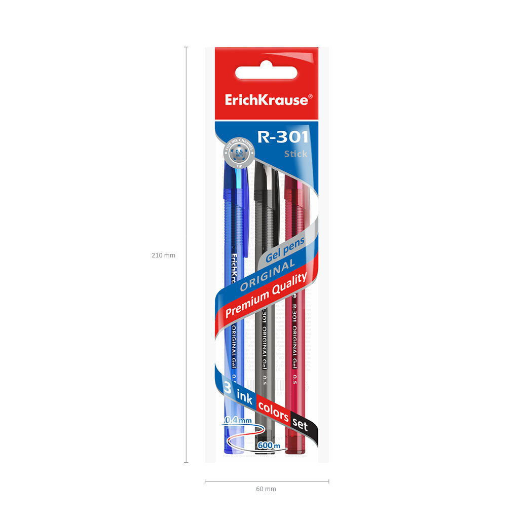 Gela pildspalva ErichKrause Original Gel Stick 0.5 zila, melna, sarkana 3 gab цена и информация | Rakstāmpiederumi | 220.lv