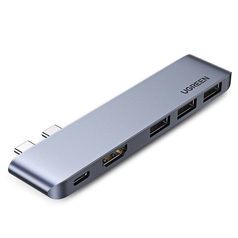 Adapteris Ugreen Multifunctional HUB 2x USB Typ C - USB Typ C PD (Thunderbolt 3, 100W, 4K@60 Hz, 10 Gbps) / HDMI 4K@30 Hz / 3x USB 3.0 for MacBook Pro / Air gray (60559) cena un informācija | Adapteri un USB centrmezgli | 220.lv