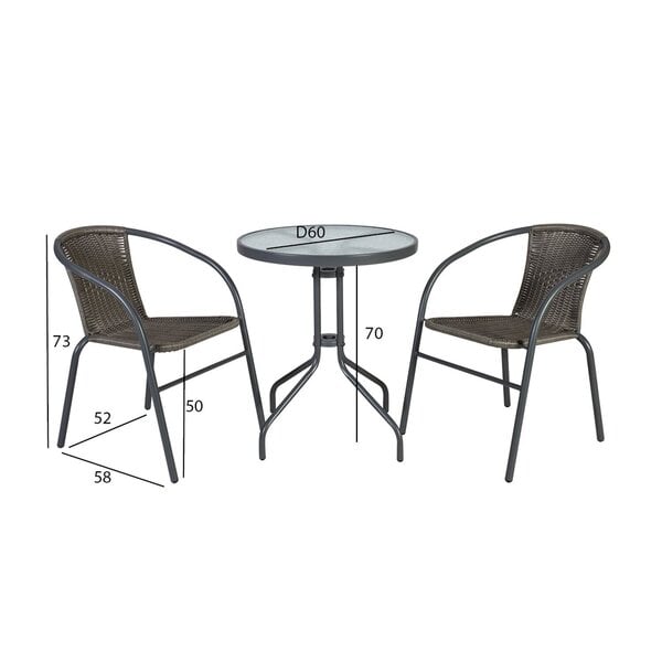 Balkona komplekts BISTRO galds un 2 krēsli (20563) D60xH70cm, galda virsma:  caurspīdīgs rūdīts viļņots stikls cena | 220.lv