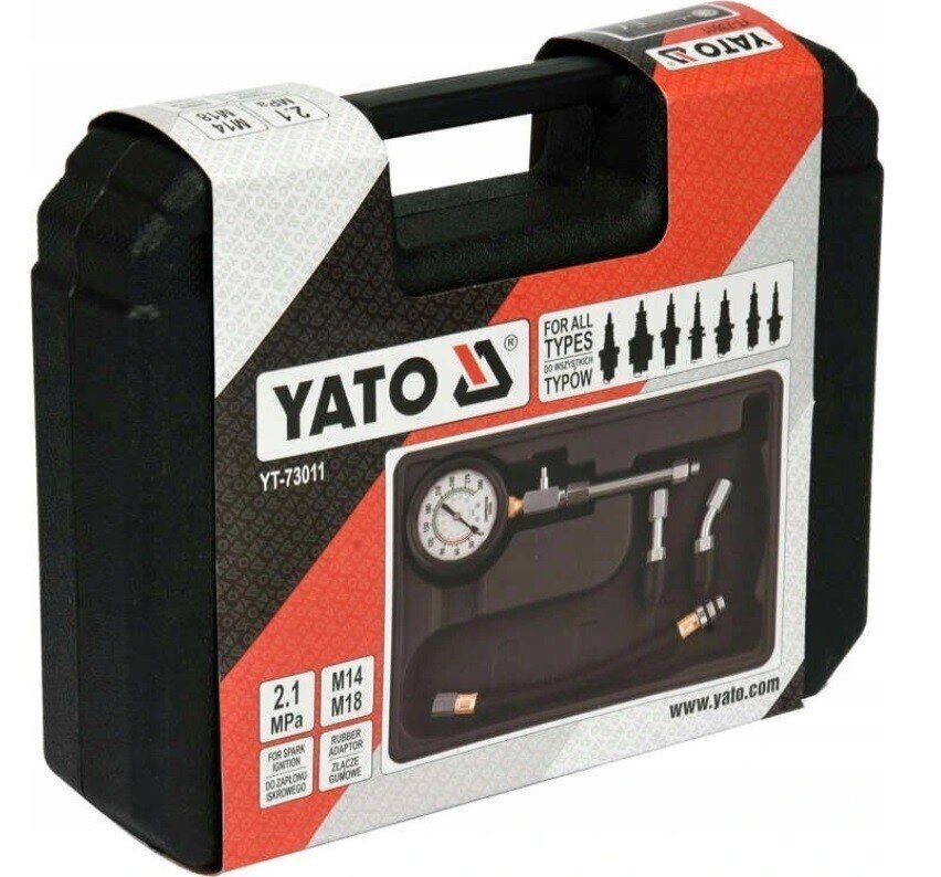 Kompresijas mērītājs ar uzgaļu komplektu YATO, YT-73011 цена и информация | Rokas instrumenti | 220.lv
