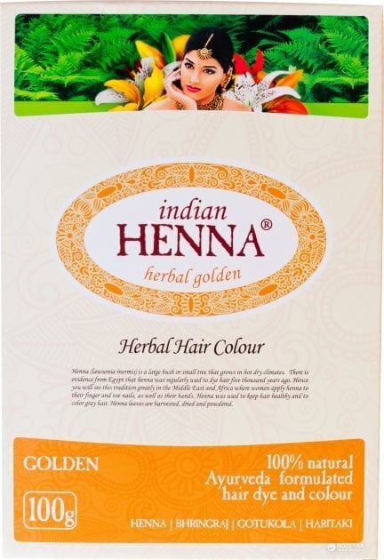 Zeltaina krāsa| INDIJAS HENNA ZELTAINA Dabīga matu krāsa, kas izgatavota no hennas un ārstniecības augu maisījuma cena un informācija | Matu krāsas | 220.lv