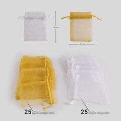 VILSTO organzas dāvanu maisiņi, 7x9 cm, iepakojumā 50 gb – 25 gb baltā krāsas un 25 gb zelta krāsā цена и информация | Упаковочные материалы для подарков | 220.lv