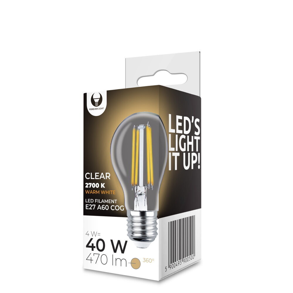 LED Filament spuldze E27 A60 4W 230V 2700K 470lm COG clear. cena un informācija | Spuldzes | 220.lv