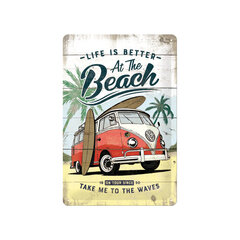 Metāla plāksne 20 x 30 cm, VW Bulli Life's Better At The Beach cena un informācija | Interjera priekšmeti | 220.lv