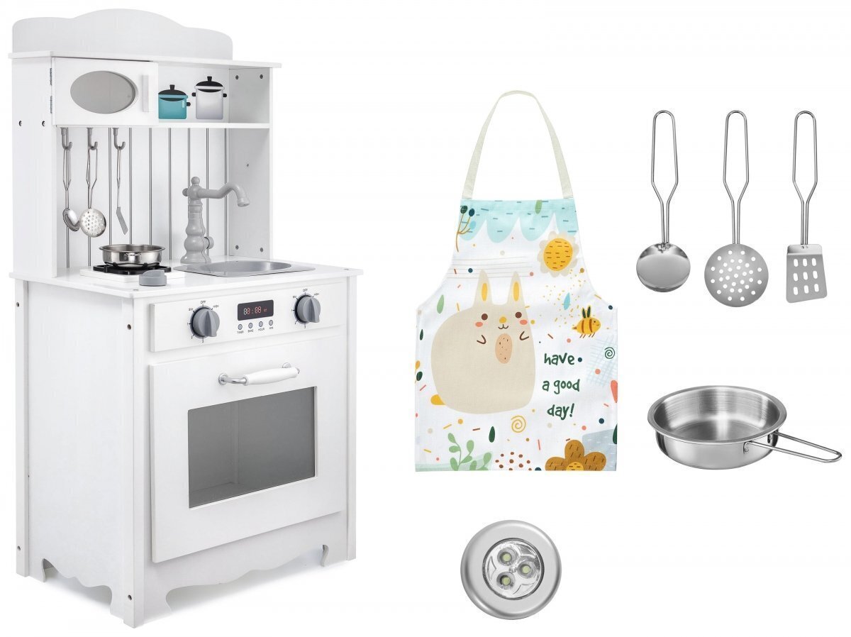 Balta koka virtuve ar priekšautu, aksesuāriem un LED lampu cena un informācija | Rotaļlietas meitenēm | 220.lv